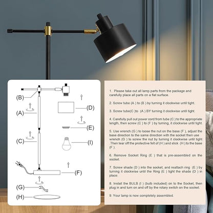 OYEARS 22.2" Modern Desk Lamp, Metal Table Lamp with LED Bulb, Adjustable Reading Lamps for Living Room, Mid Century Task Lamp for Home Office, Industrial Bedside Lamps with Solid Base,Black