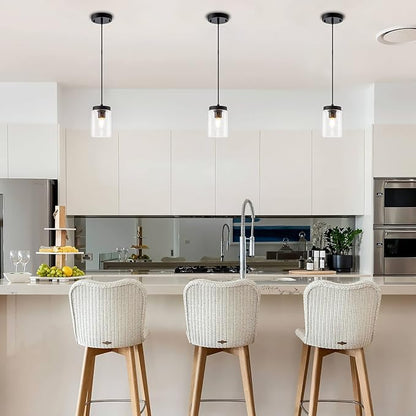 Industrial Mini Pendant Light Modern Bubble Seeded Glass Hanging Lighting Cylinder Adjustable Cord for Kitchen Island Dining Table Over Sink, Black, 1 Pack