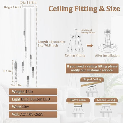 Flashing God 6-Lights Modern Crystal Chandelier for Foyer Black Stairway Chandeliers Bubble Pendant Light Kitchen Island Flush Mount Chandelier for Living Room Dining Room