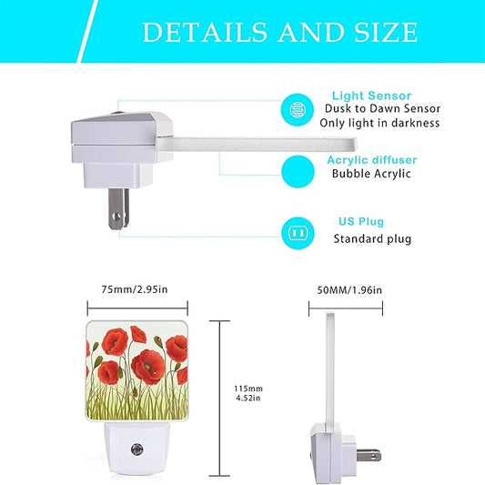Red Flowers Night Light,Red Poppy Flowers and Ladybugs Plug-in Night Lights with Dusk-to-Dawn Sensor for Stairway/Hallway/Bedroom Sleep Friendly lamp for Women/Girls/Boys Gift,0.5W