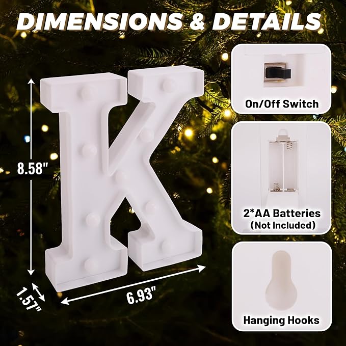 LED Light Up Marquee Letters, Battery Powered Decorative LED Letter Lights, Alphabet Light Up Letters for Wedding Birthday Party,Holiday Lamp or Home Bar Decoration (Letter K)