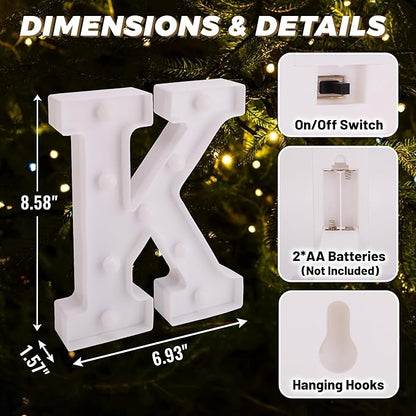 LED Light Up Marquee Letters, Battery Powered Decorative LED Letter Lights, Alphabet Light Up Letters for Wedding Birthday Party,Holiday Lamp or Home Bar Decoration (Letter K)