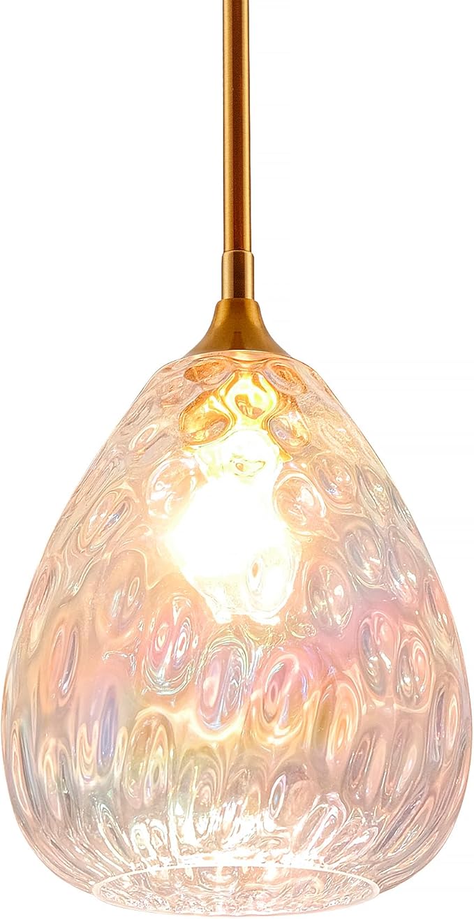 Stained Hammered Glass Pendant Light with Brass Gold Accent, Adjustable Hanging Lamp for Kitchen, Dining Room, and Living Room