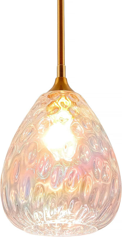 Stained Hammered Glass Pendant Light with Brass Gold Accent, Adjustable Hanging Lamp for Kitchen, Dining Room, and Living Room