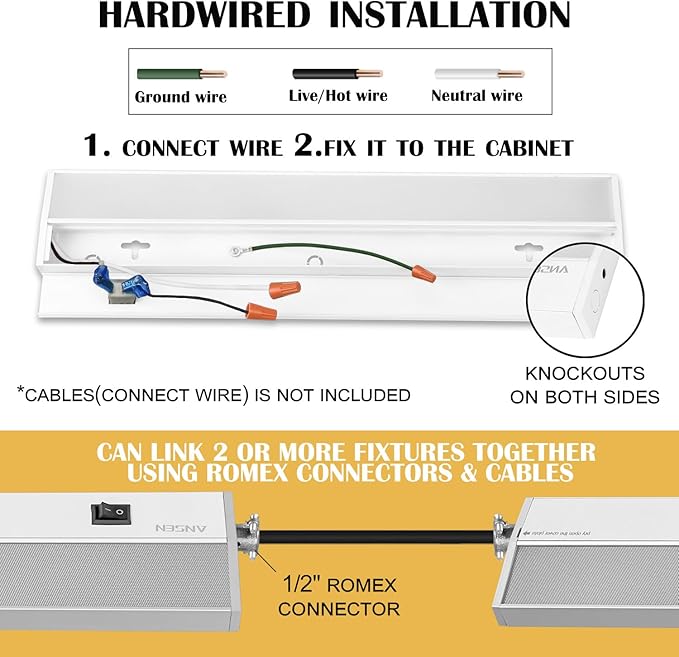 Ansen Hardwired Under Cabinet Lighting, 24in 18W LED Light for Kitchen/Closet, 1237lm, CRI>92, R9>90, 5 Color Temperature, Dimmable, 2700K-5000K(Warm White, Cool White, Daylight)