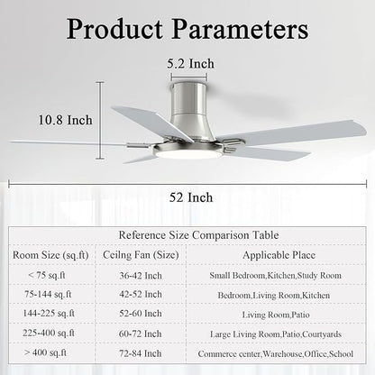 SNJ 52 Inch Brushed Nickel Ceiling Fans with Lights and Remote,Flush Mount Low Profile 5 Blades Ceiling Fan,Dimmable Quiet Reversible DC Motor for,Living Room,Bedroom and Patio