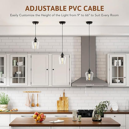 VONLUCE Pendant Light Kitchen Island, Matte Black Pendant Light Fixture with E26 Base & Adjustable Cable, Modern Pendant Lighting with Glass Shade for Living Room Bedroom Hallway