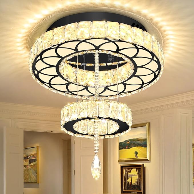 Flashing God Dia 16" Black Modern Crystal Chandeliers Flush Mount Chandelier Dimmable LED Light Crystal Ceiling Light for Hallway Bedroom Living Room Dining Room