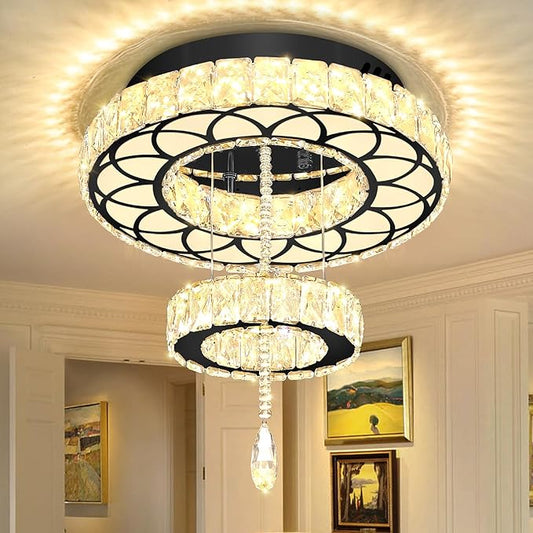 Flashing God Dia 16" Black Modern Crystal Chandeliers Flush Mount Chandelier Dimmable LED Light Crystal Ceiling Light for Hallway Bedroom Living Room Dining Room
