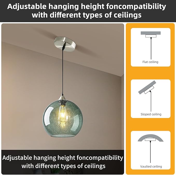 Modern 3-Pack Glass Globe Pendant Lights, Gray Green Modern Pendant Lighting for Kitchen Island, Glass Hanging Lamps for Dining Room Living Room Bedroom, Small 5.9 Inch Fixture (Bulbs Not Included)