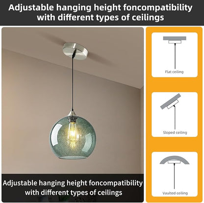 Modern 3-Pack Glass Globe Pendant Lights, Gray Green Modern Pendant Lighting for Kitchen Island, Glass Hanging Lamps for Dining Room Living Room Bedroom, Small 5.9 Inch Fixture (Bulbs Not Included)