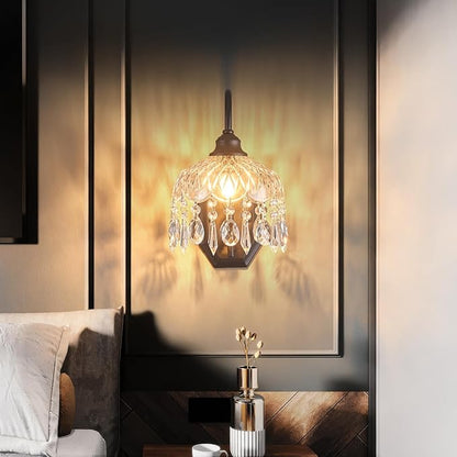 2-Pack Vintage Wall Sconce,Glass Crystal Wall Sconce,Matte Brushed Antique Black Finish Set of Two for Bedroom Bathroom Hallway Living Room Decor