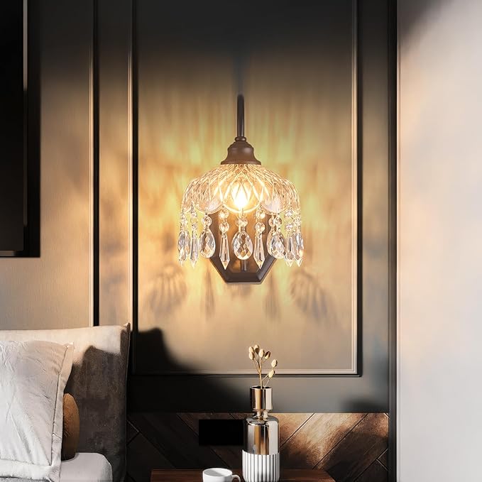 1-Pack Vintage Wall Sconce,Glass Crystal Wall Sconce,Matte Brushed Antique Black Finish for Bedroom Bathroom Hallway Living Room Decor