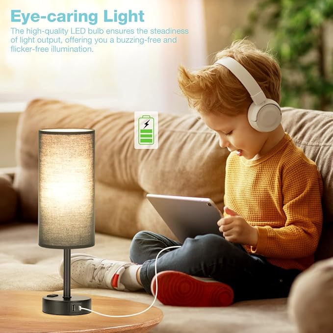 Fenmzee Black Bedroom Lamp for Nightstand - 3 Way Dimmable Bedside Lamp USB C A Charging Ports and AC Outlet, Small Table Lamp Black Base for Living Room, Office Desk, LED Bulb Included