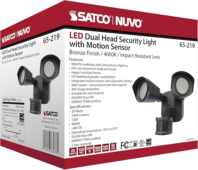 Nuvo 65/219 LED Dual-Head Security Light, 4000K, Motion Sensor, Bronze
