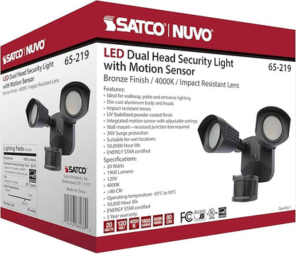 Nuvo 65/219 LED Dual-Head Security Light, 4000K, Motion Sensor, Bronze