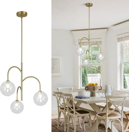 Modern Gold Globe Pendant Lighting 3-Light Clear Glass Bubble Chandelier Mid Century Sputnik Light Fixture Brushed Brass Ceiling Pendant Light for Kitchen Island Living Room