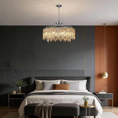 10 Lights Chrome Crystal Chandeliers for Dining Room Light Fixture | D28 Modern Round Crystal Chandelier Over Table | Hanging Lighting for Living Room Kitchen Island Bedroom Bathroom