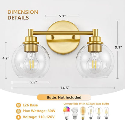 Gold Bathroom Vanity Lights, 2-Light Wall Sconce with Glass Globe Shade, Vanity Lighting for Bathroom/Bedroom/Dressing Room, Vertical/Horizontal Mounted, E26 Bulb Base (Bulb Not Included)