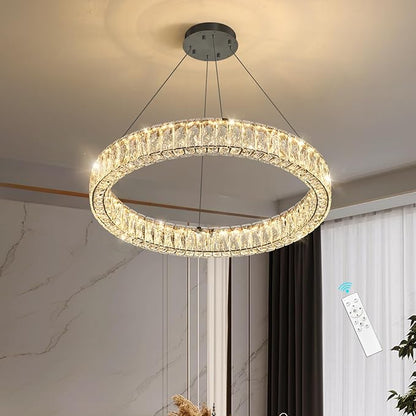 HAIXIANG Modern Crystal Chandelier Dimmable LED Ring Pendant Lights Adjustable Glam Chandeliers Lighting Fixtures for Dining Room Living Room Bedroom Black Light