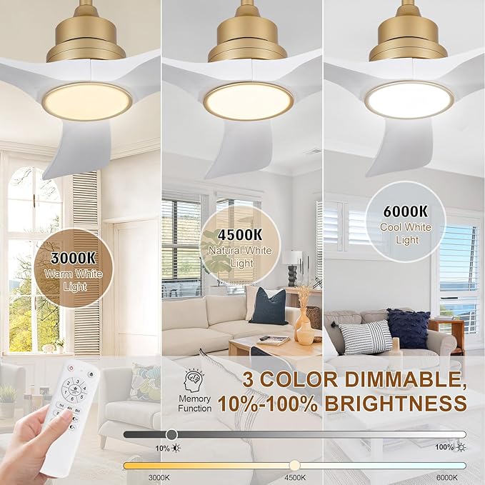 White Gold Ceiling Fans with Lights,36 inch Solid Wood Ceiling Fan with Remote Control,Wall Switch,Dimmable,Reversible,Power Off Memory Modern Ceiling Fan Indoor Outdoor for Bedroom Patio