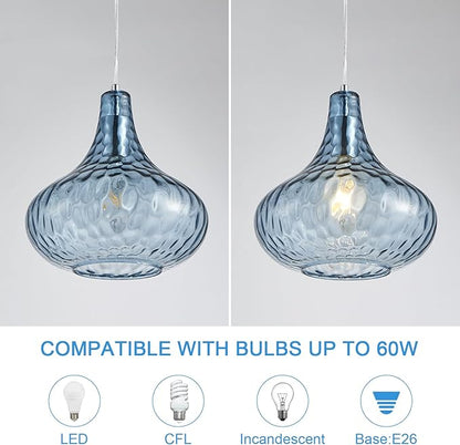 11" Blue Hammered Glass Pendant Light - Brushed Nickel Finish Industrial Ceiling Fixture with Blown Glass for Kitchen Island Dining Room Hallway Living Room