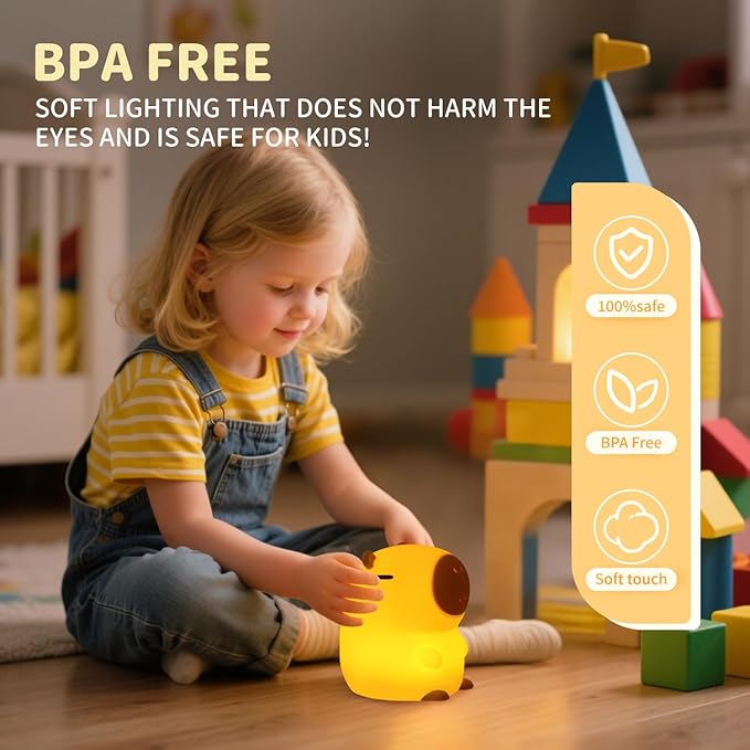 Capybara Night Light Squishy, 50Hrs Nursery Night Light, Touch Control 2 Brightness, 30Min Auto-Off, Rechargeable Bedside Lamp for Baby Kids, [Mothers Day Gifts]