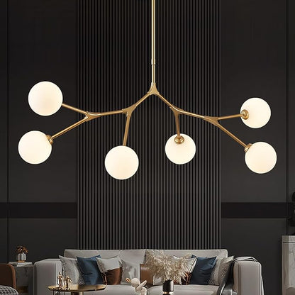 Modern 6 Lights Sputnik Chandelier for Dining Room L45’’ Gold Pendant Light Fixture with Milk Glass Shade Large Mid Century Chandelier for Kitchen Island Bedroom Living Room
