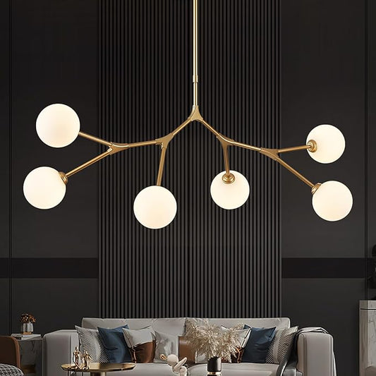 Modern 6 Lights Sputnik Chandelier for Dining Room L45’’ Gold Pendant Light Fixture with Milk Glass Shade Large Mid Century Chandelier for Kitchen Island Bedroom Living Room