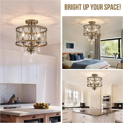 Farmhouse Crystal Ceiling Light Fixture, 3-Light Semi Flush Mount Crystal Chandelier Light Fixture Rustic Vintage Bronze Pendant Ceiling Lamp for Hallway Corridor Kitchen Entryway Bedroom Living Room