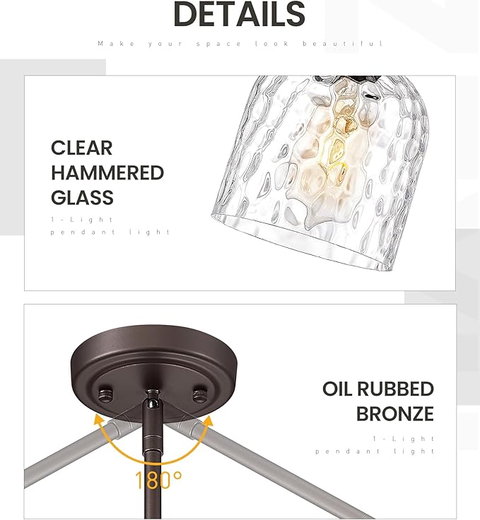 zeyu 1-Light Island Pendant Light for Kitchen, Single Pendant Light Kitchen Island, Adjustable Hanging Lamp with Clear Hammered Glass, Oil Rubbed Bronze Finish, ZJF63MIL-L ORB