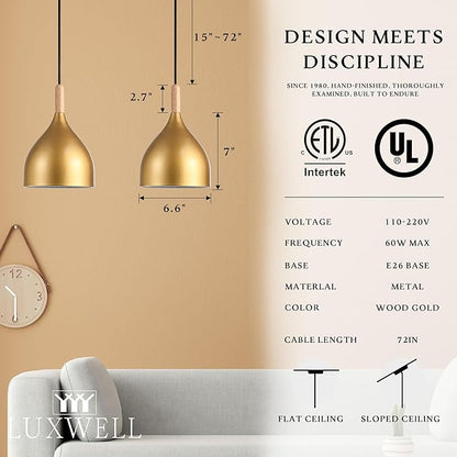 Modern Pendant Light, 6.6"x6.6"x7" Iron Hanging Fixture with Warm Oak Woodgrain, 15"-72" Adjustable Cord, E26 Socket, 4.7" Ceiling Canopy for Dining Area, Bedroom – Golden Oak