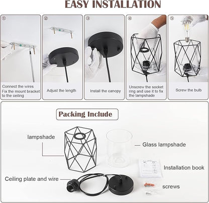 Black Pendant Light Over Table Cage Blown Clear Seeded Glass Farmhouse Hanging Light Fixture Industrial Adjustable Cord for Kitchen Island Dining Room Above Sink