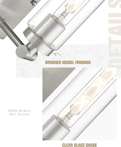 Emak Modern Wall Lights, Brushed Nickel Sconces with Clear Glass Shade, 2 Light Bathroom Vanity Light for Bathroom, Mirror, Living Room, Bedroom, Gallery, WS086-BN-CG-2PK