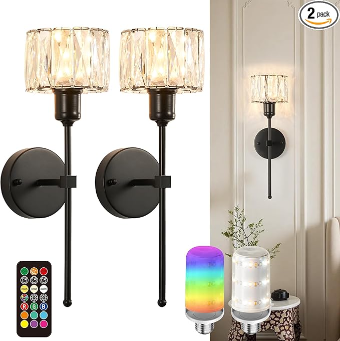 Crystal Battery Operated Wall Sconces Set Of Two, Black Wireless Wall Light with USB Rechargeable LED Light Bulbs 12 Colors Dimmable Crystal Wall Lamp with Remote for Living Room, Bedroom, Hallway