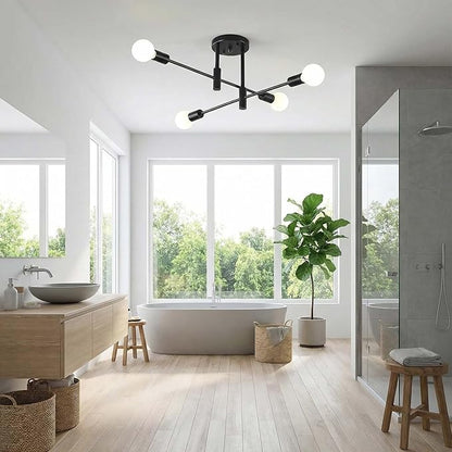 Modern Sputnik Chandelier 4-Light Adjustable Ceiling Light Fixture Black Semi Flush Mount Ceiling Lamp with E26 Base Industrial Ceiling Light for Dining Room Bedroom Foyer Hallway Living Room