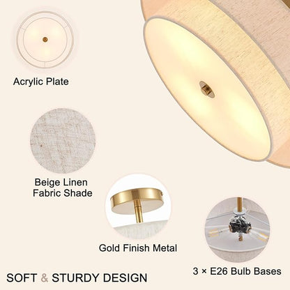 Modern Semi Flush Mount Ceiling Light 18" Modern Gold 3-Lights Drum Ceiling Lighting Fixture Vintage Linen Golden Ceiling Lamp for Laundry Room, Kitchen, Basement, Dining Room, Bedroom