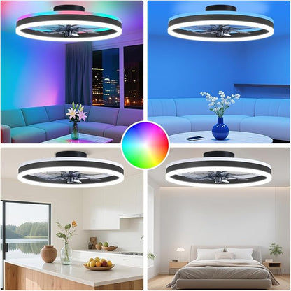16 Inch RGB Low Profile Ceiling Fans with Lights, Modern Flush Mount Fandelier Chandelier Fixture, Remote & APP Control, Black LED Ceiling Fan Light for Bedroom, Living Room, Kitchen Indoor