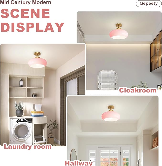 Mid Century Modern Flush Mount Ceiling Light Vintage Pink Close to Ceiling Light Fixtures Overhead Light Gold Glass Chandelier for Kids Room Hallway Living Room Kitchen
