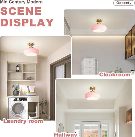 Mid Century Modern Flush Mount Ceiling Light Vintage Pink Close to Ceiling Light Fixtures Overhead Light Gold Glass Chandelier for Kids Room Hallway Living Room Kitchen