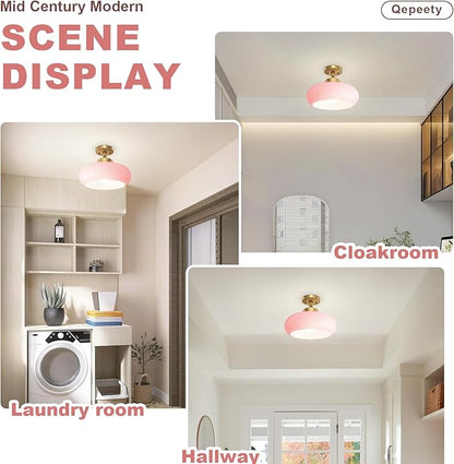 Flush Mount Ceiling Light, 2-Pack 11.02 Inch Pink Glass Close to Ceiling Light Glass Shade Golden Modern Lighting Farmhouse Hallway Light Fixtures for Hotel Entryway Girls Bedroom Foyer