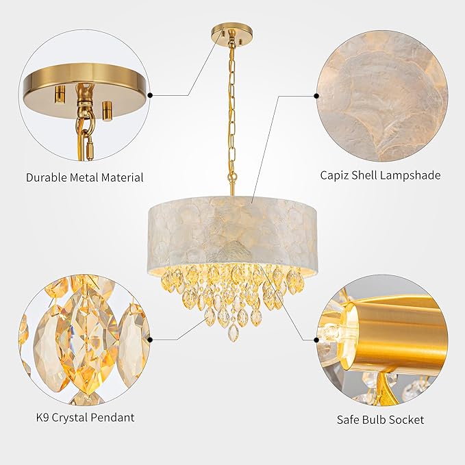 4-Light Drum Capiz Shell Crystal Chandelier, Coastal Style Pendant Light Fixture for Dining Room, Living Room, D18 x H21~68 inch (Height Adjustable), Champagne Crystal & Gold Finish