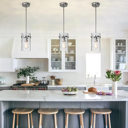 5.5" Brush Nickel Hammered Glass Pendant Light Fixtures, Brushed Nickel Kitchen Pendant Lights, Modern Kitchen Island Light Dining Room Light Farmhouse Island Lights Sink 2 Pack