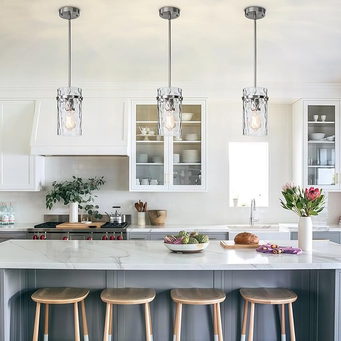 5.5" Nickel Hammered Glass Pendant Light, Brushed Nickel Kitchen Pendant Lights, Modern Kitchen Island Light Over Dining Light Fixture Bedroom Foyer 1 Pack
