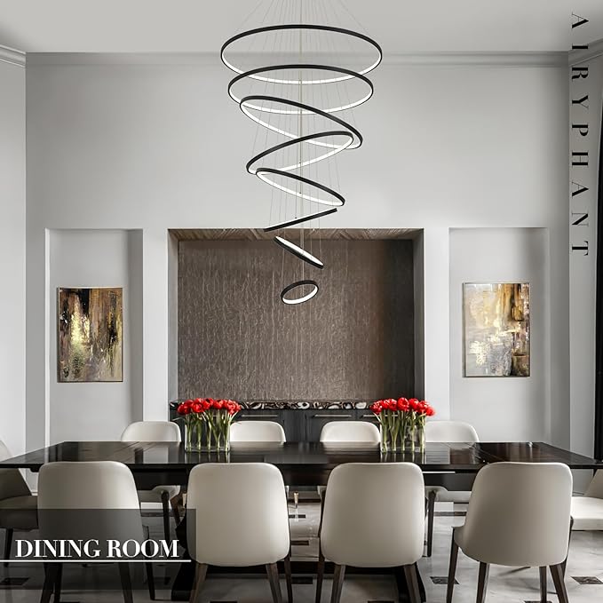 Modern Big LED Chandeliers 8-Ring Big LED Chandelier for High Ceiling with Remote Control Hanging Height Adjustable Max 98" Long Chandelier for Foyer Living Room Entry Staircase 135W