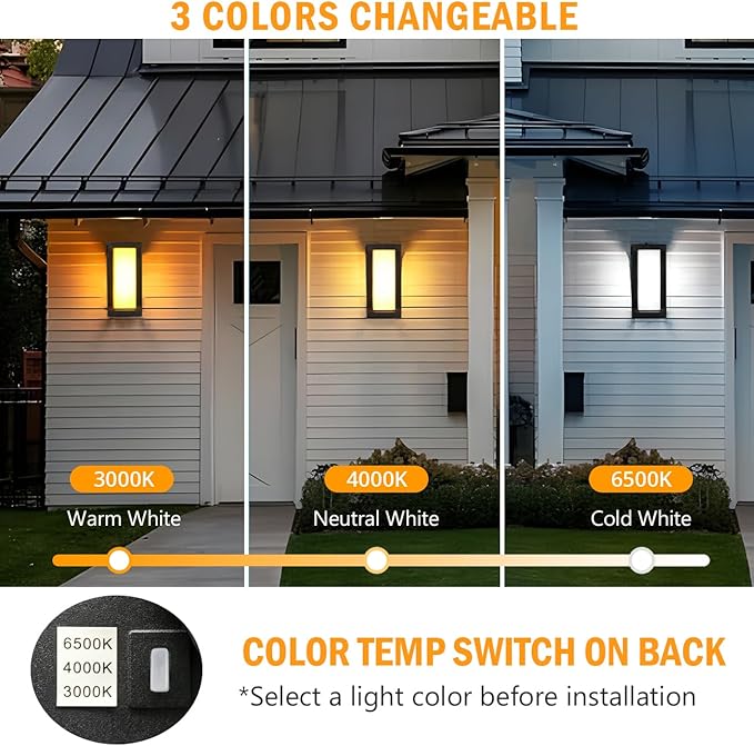 wowlite Outdoor Wall Lights for House 2 Pack, LED Exterior Lighting Fixtures 3 Colors Changeable, Matte Black Outdoor Sconce Lights, IP65 Waterproof Front Porch Light for Garage Garden Patio