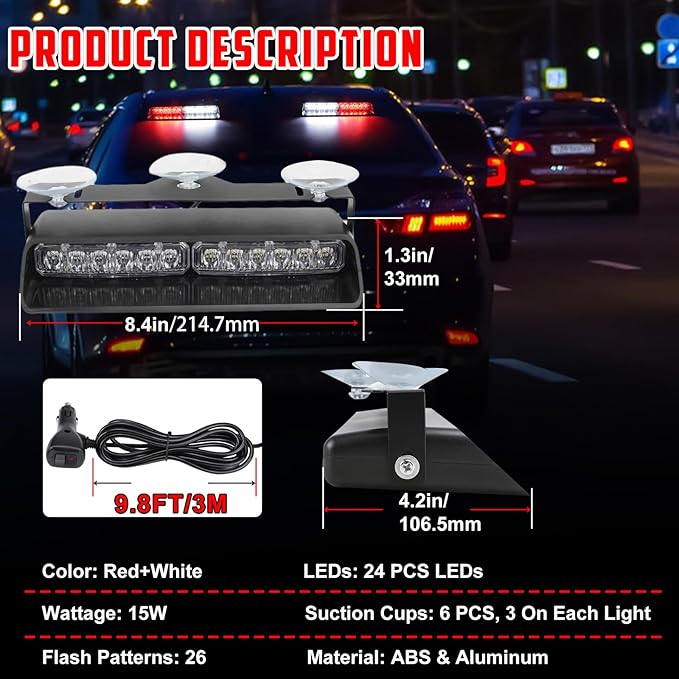 2-In-1 Red & White LED Windshield Dash Strobe Lights, 26 Modes 12/24V Red White Warning Light, Emergency Traffic Advisor Front/Rear Window Dash Strobe Lights for Trucks Vehicles