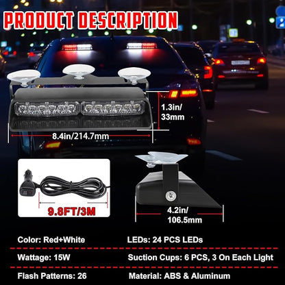 2-In-1 Red & White LED Windshield Dash Strobe Lights, 26 Modes 12/24V Red White Warning Light, Emergency Traffic Advisor Front/Rear Window Dash Strobe Lights for Trucks Vehicles