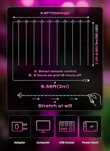 Brightown 300 LED Pink Fairy Curtain Lights, 9.8ft x 9.8ft String Lights, USB Plug in 8 Lighting Modes Christmas String Hanging Lights with Remote for Bedroom Indoor Outdoor Party Xmas Pink 1 Pack