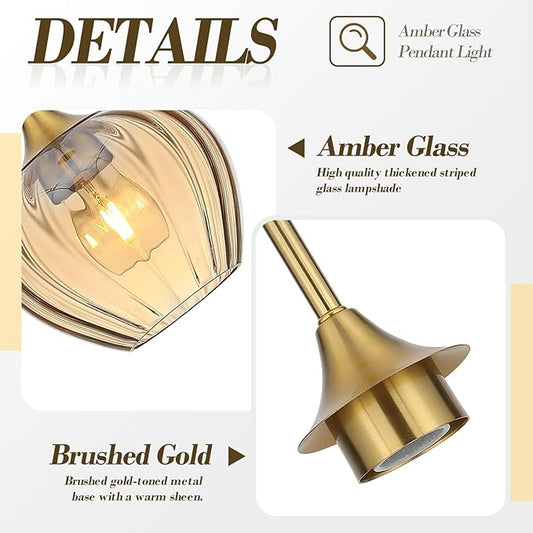 7 Inch Amber Glass Pendant Lights Kitchen Island, Modern Adjustable Pendant Light Fixtures Vintage Gold Ceiling Hanging Lamp for Dining Room Bathroom Bedroom